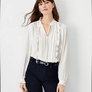 Ann Taylor Pintucked Ruffle Tie Neck Top Size L NWOT